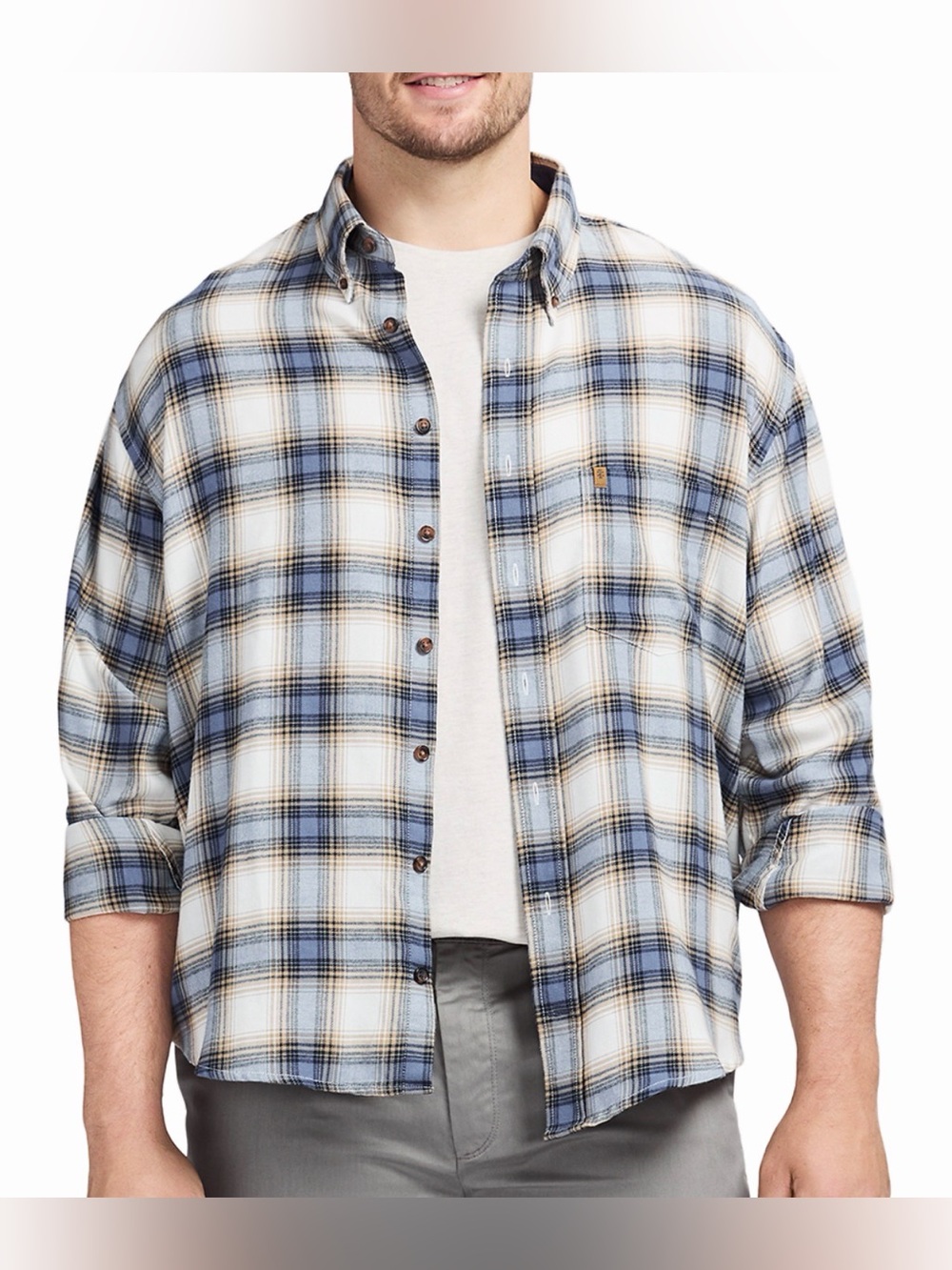 Izod Men's Blue and Cream Plaid Button-Down Shirt 2X
